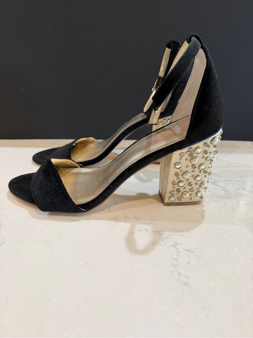 Lilly Pulitzer Amber Lynn Velvet Heel Sandals with Embellished Gold and Pearls